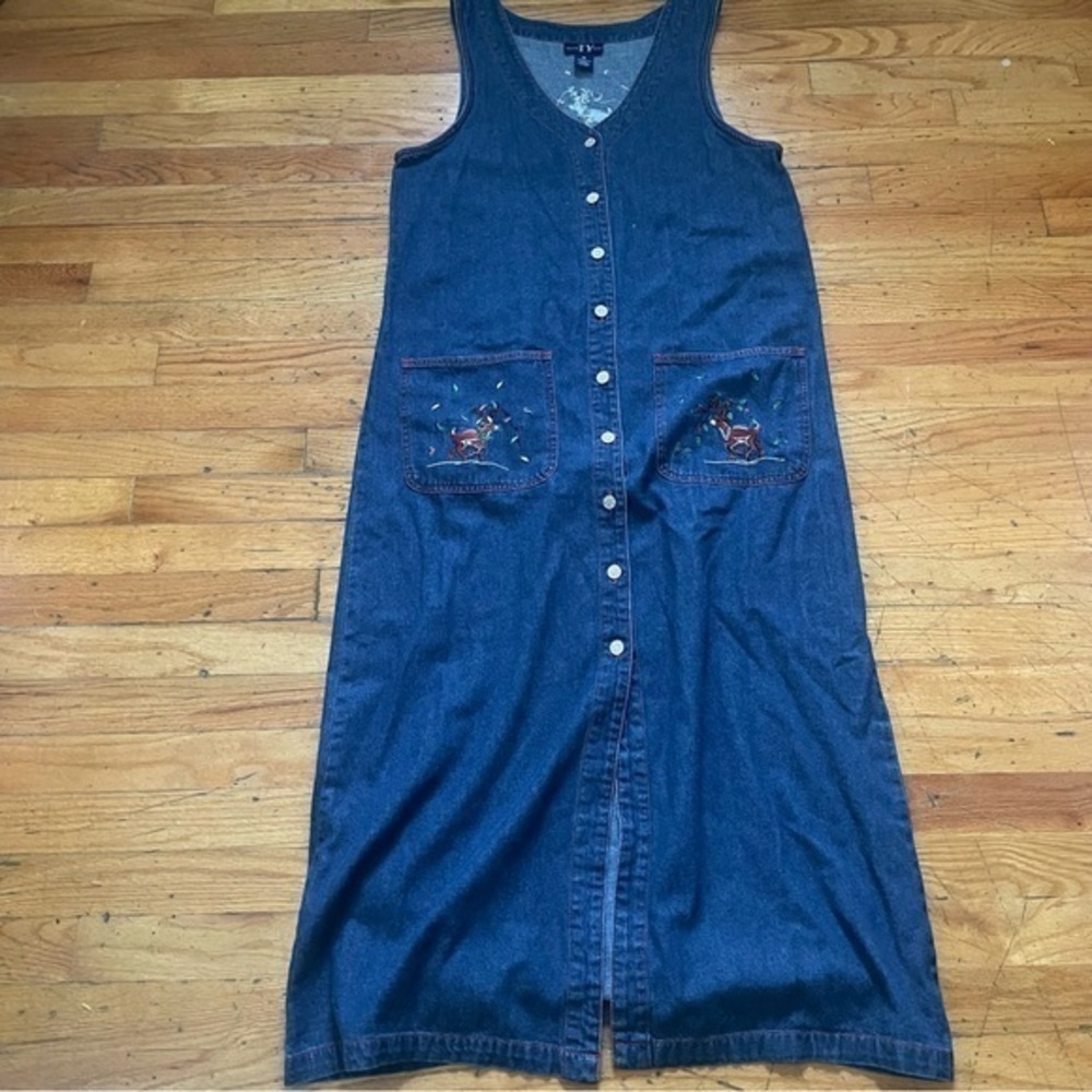 Vintage Original Ty Wear Button Down Denim Maxi Holiday Reindeer Dress Size 10
